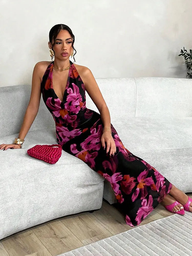 Red Halter Backless Dress Women Slim Streetwear Print