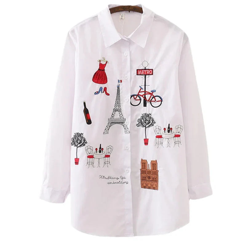 Women's Spring Autumn Cotton Blouse White Embroidered Long Sleeve Button-Up Shirt with Turn-Down Collar Casual Loose Fit Top