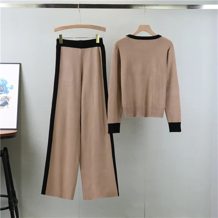 Knitted Loose Women Pant Suit Set with O Neck Pullover and Wide Leg High Waist Pants