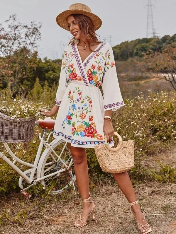 Bohemian Dress With V Neck And Tie Waist Beach Vacation