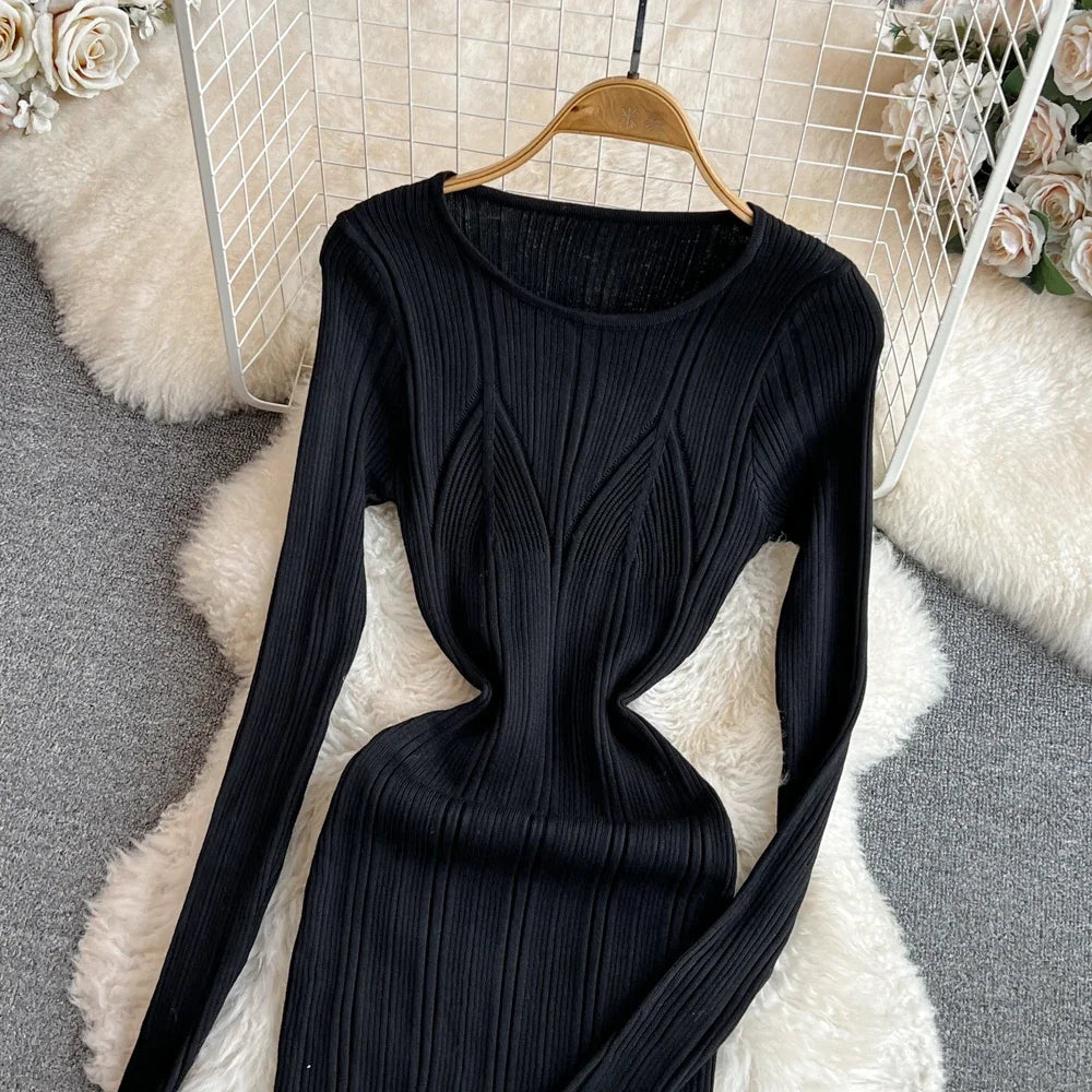 Long Sleeve Knitted Bodycon Dress For Women Autumn Retro