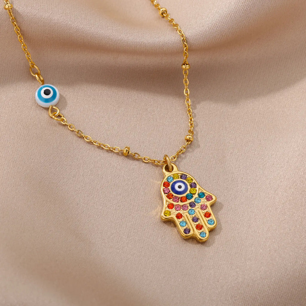 Turkish Hamsa Evil Eye Necklace for Women Stainless Steel Gold Color Charm Choker Jewelry Gift