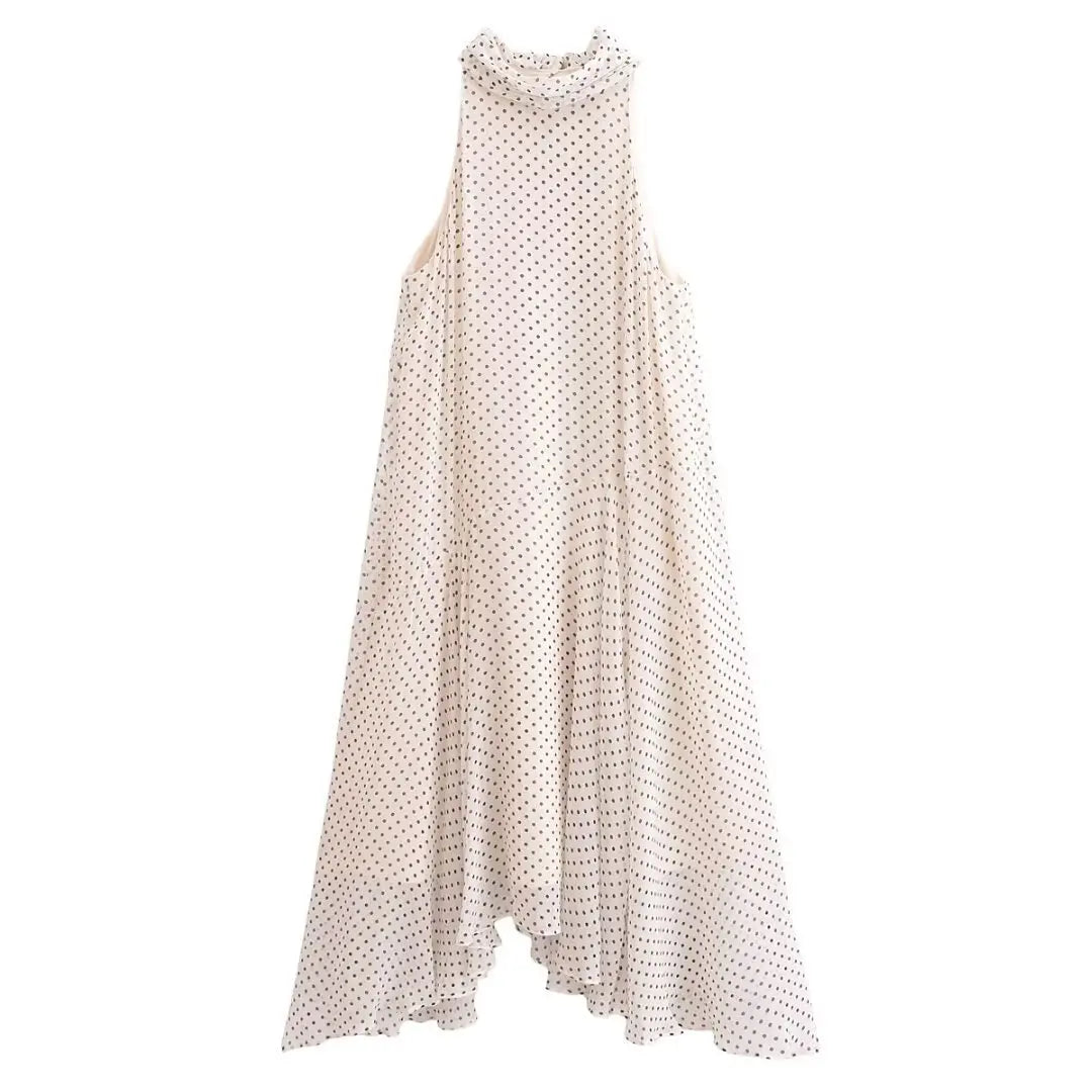 Polka Dot Midi Dress For Women Halter Neck Backless Pleated