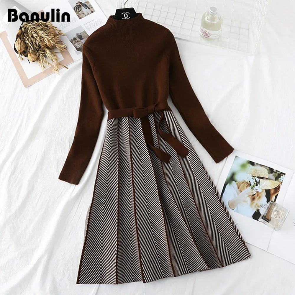 Knit Turtleneck A Line Dress With Long Sleeve Stripe Print