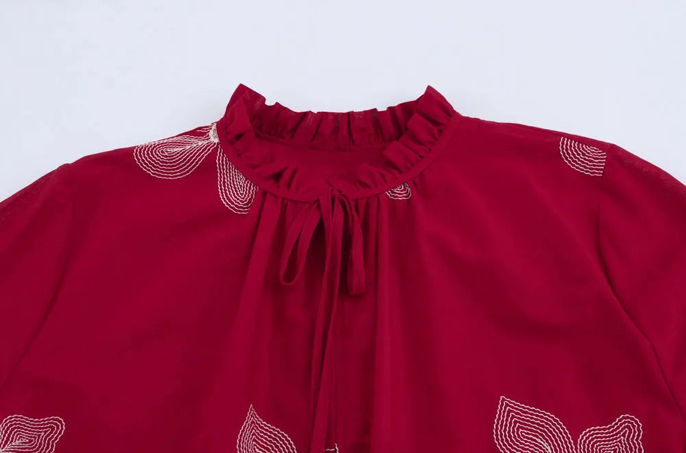 Women's Floral Embroidered Long Sleeve Button-Up Blouse Elegant Chic Shirt Top