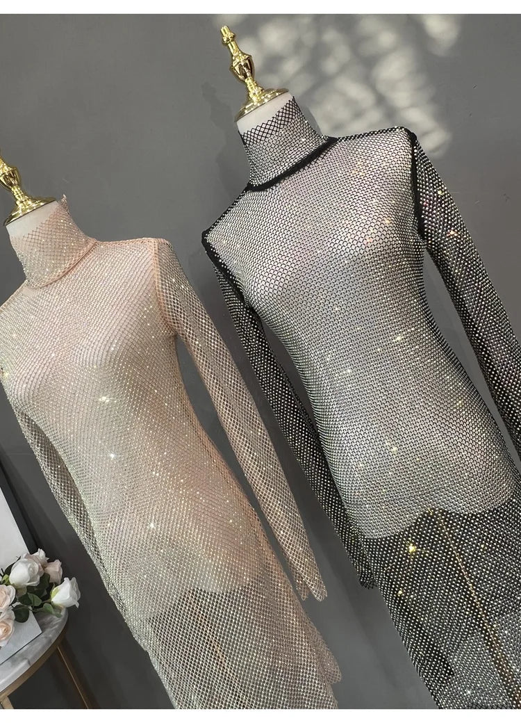 Rhinestone High Neck Glitter Party Dress Mid Length