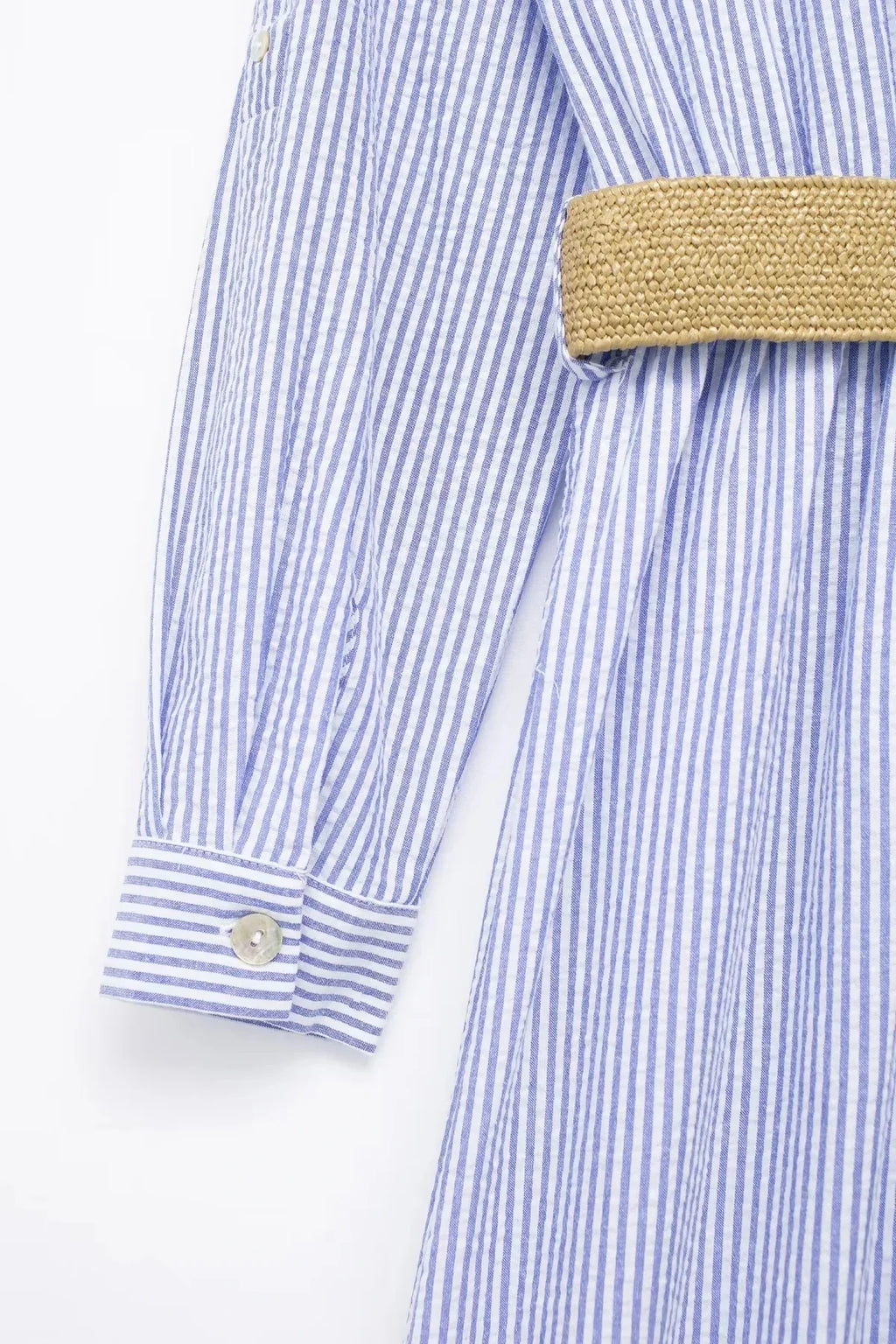 Blue Striped Shirt Dress With Belt Long Sleeve Midi