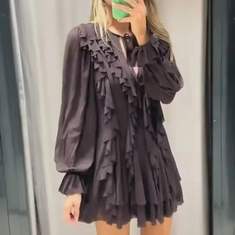 Ruffle Long Sleeve Vintage Party Dress Pleated Mini