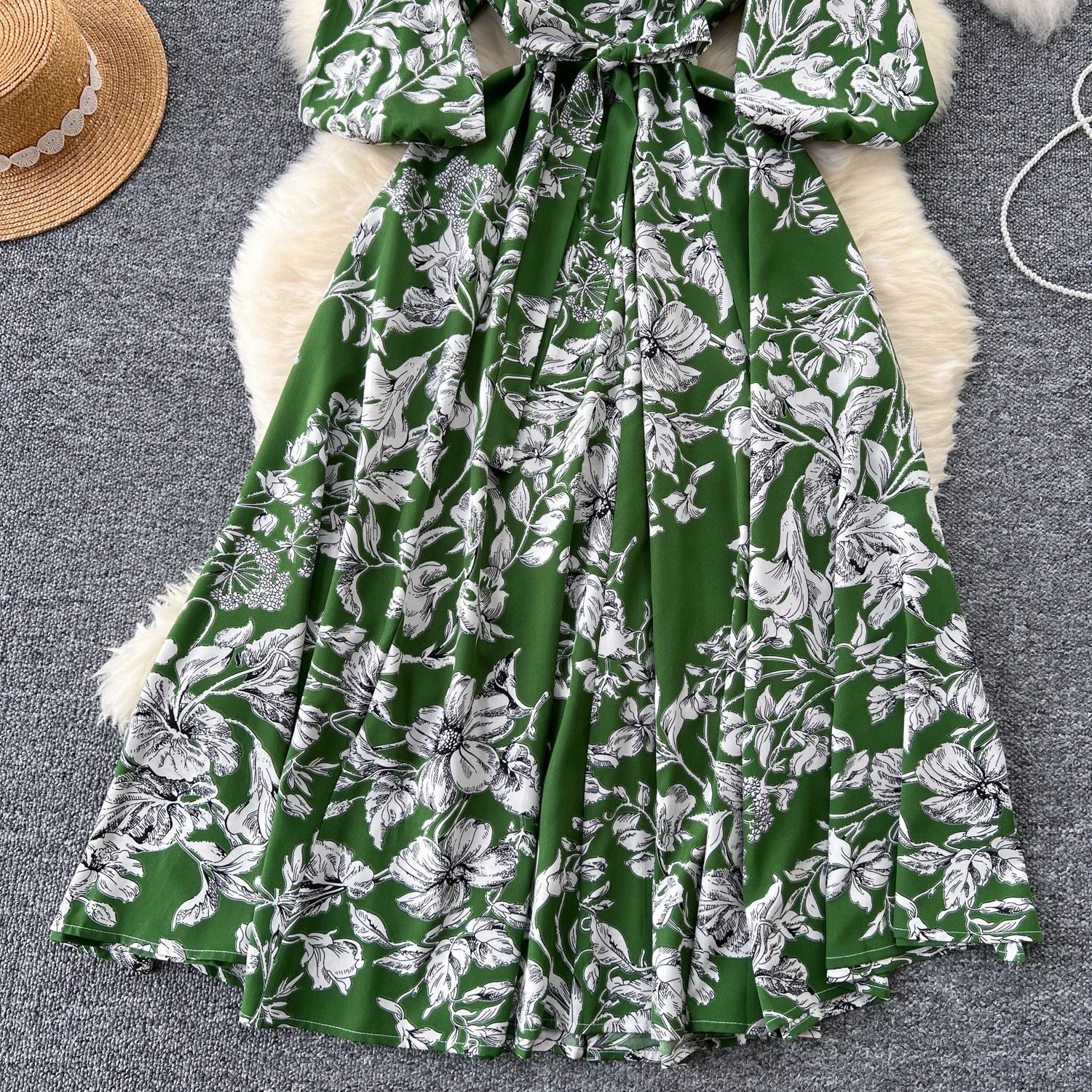 Boho Floral Print Pleated Maxi Dress With Puff Sleeves Belt
