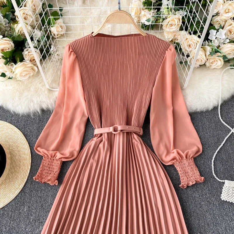 Elegant Long Sleeve Pleated Belted Dress for Women Spring