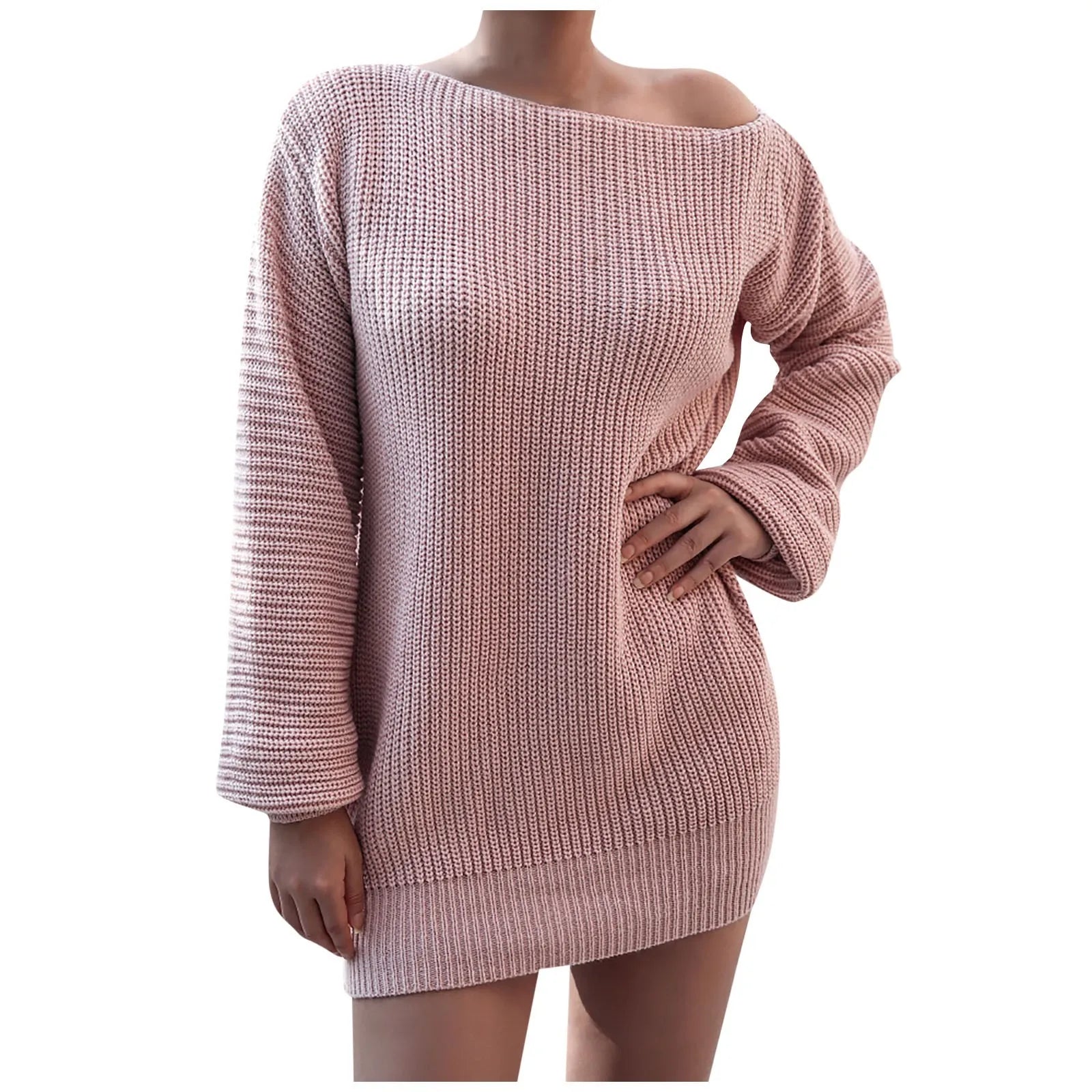 Casual Knit Sweater Dress With One Word Collar For Women