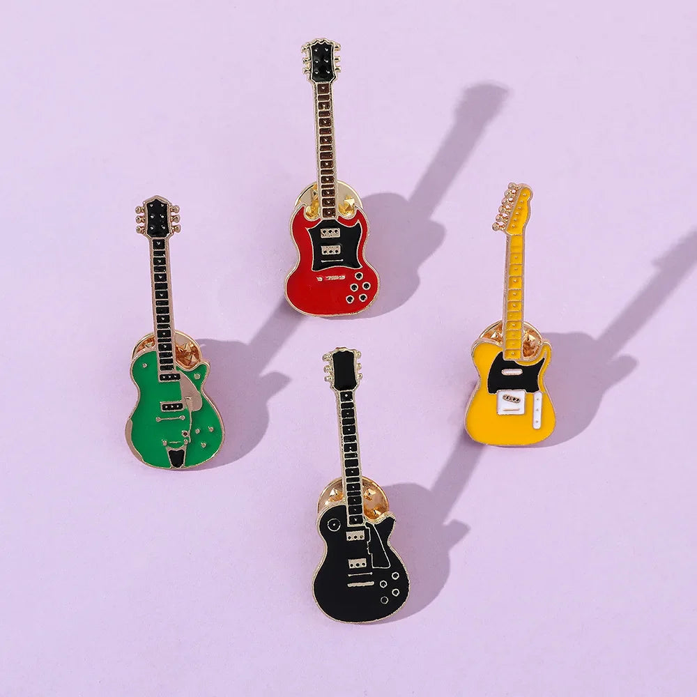 Vintage Metal Enamel Guitar Brooch for Men and Women Musical Instrument Badge Fashion Jewelry Gift