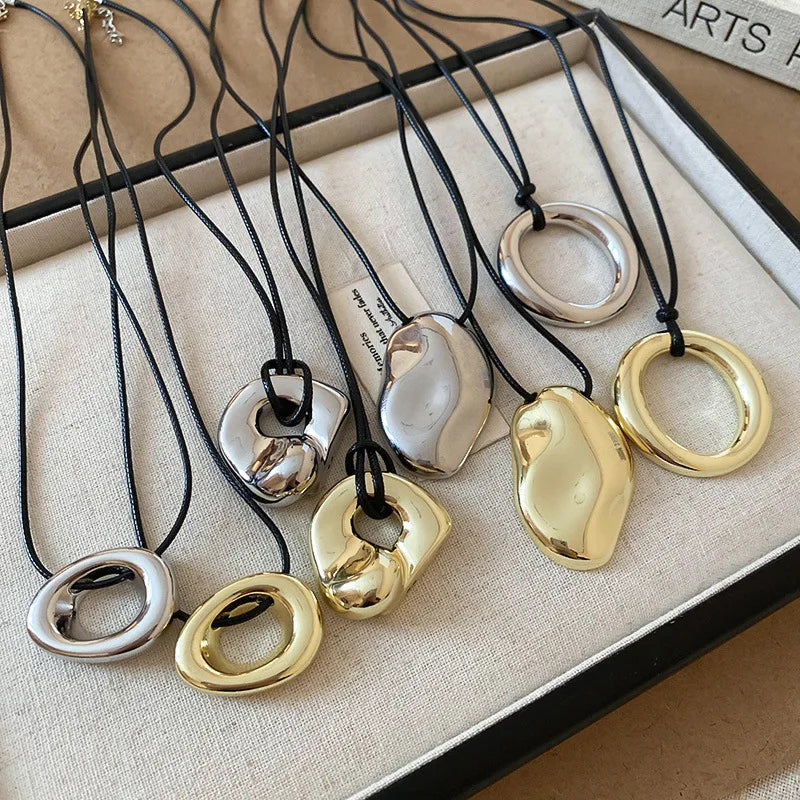 Punk Large U-Shape Geometric Pendant Necklace for Men and Women Adjustable Leather Rope Sweater Chain Jewelry