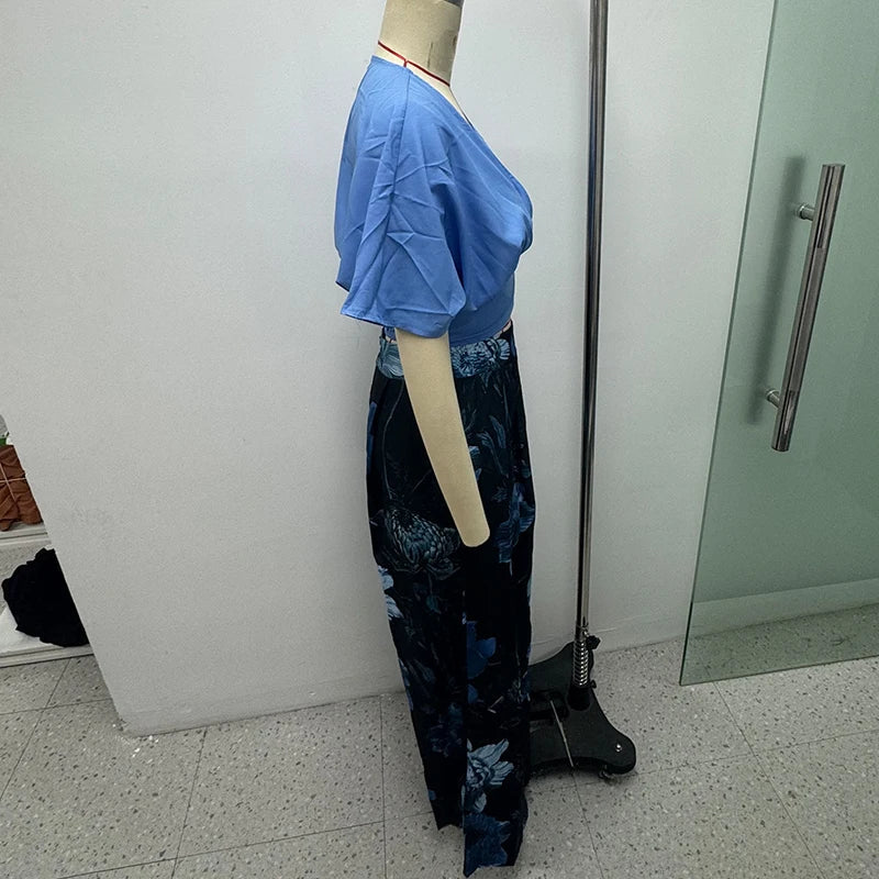 Casual Solid V Neck Short Sleeve Pullover Top and Wide Leg Pant Set for Women