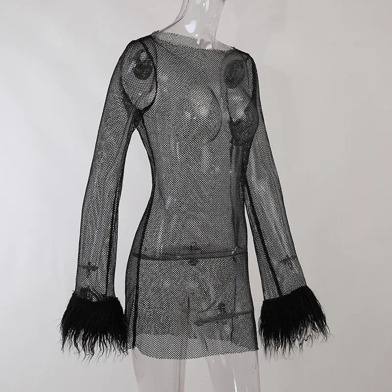 Black Mesh Bodycon Dress Long Sleeve Women Clubwear