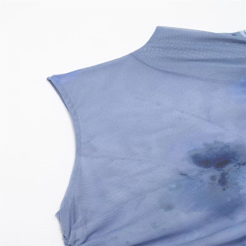 Slimming Printed Sleeveless Dress With Stand Up Collar