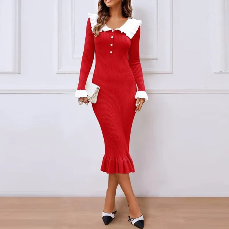Ribbed Knit Bodycon Dress For Women With Long Ruffles