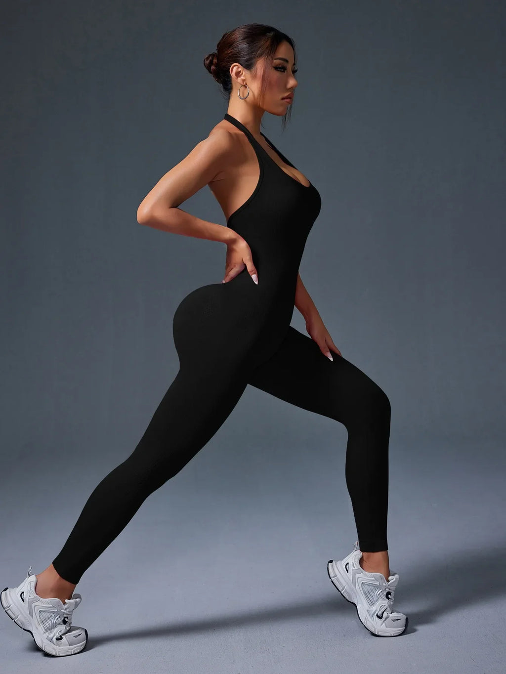 Ladies Black Hanging Neck Backless Fitness Jumpsuit Sculpting Silhouette Stylish High Quality Activewear