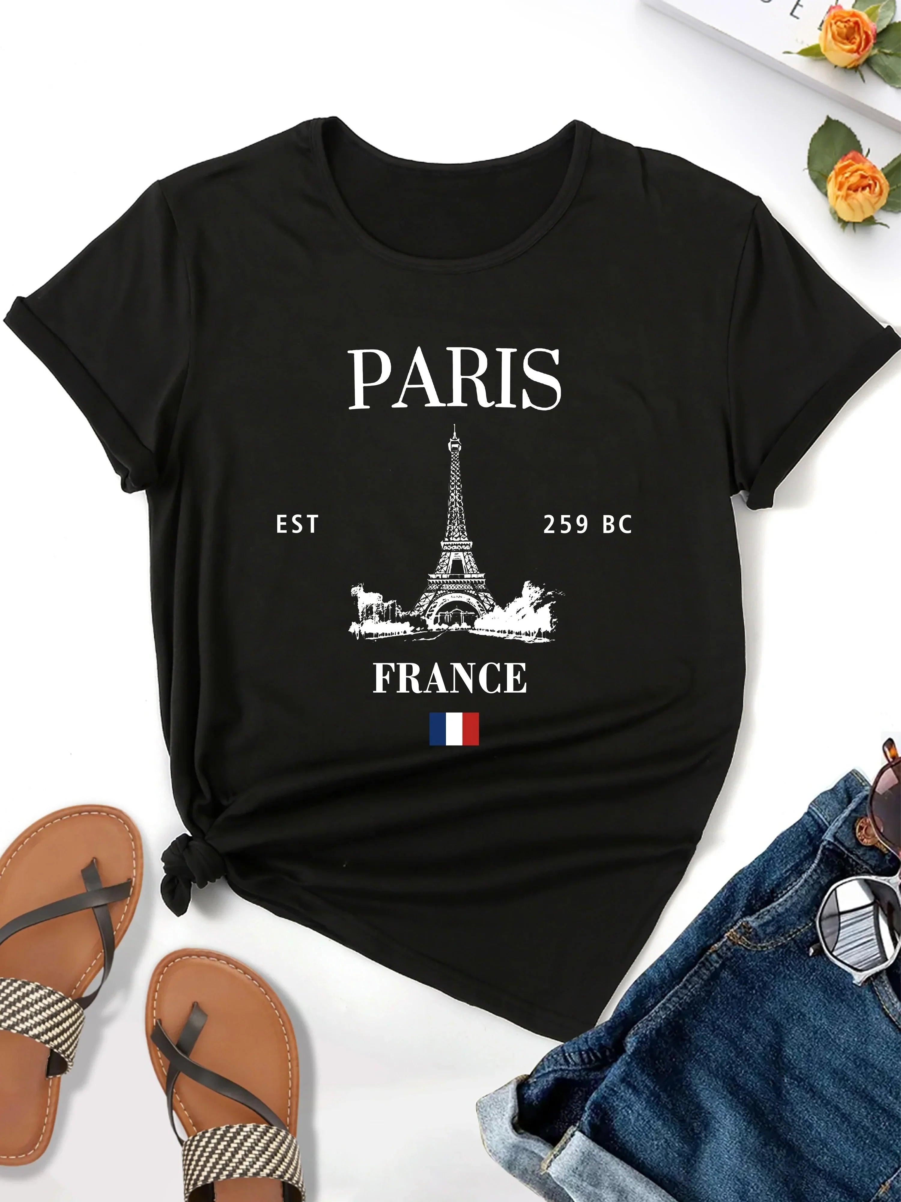 Paris Eiffel Tower Graphic T-Shirt Casual Crew Neck Short Sleeve Top for Women