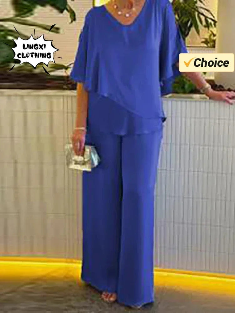 Elegant Women's Summer Two Piece Set with V-Neck Irregular Top and High Waist Wide Leg Pants in Solid Color