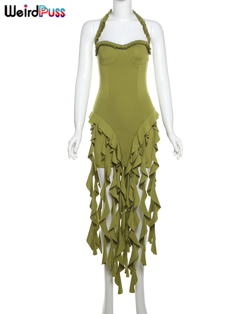 Backless Halter Bodycon Party Dress With Tassel Hem