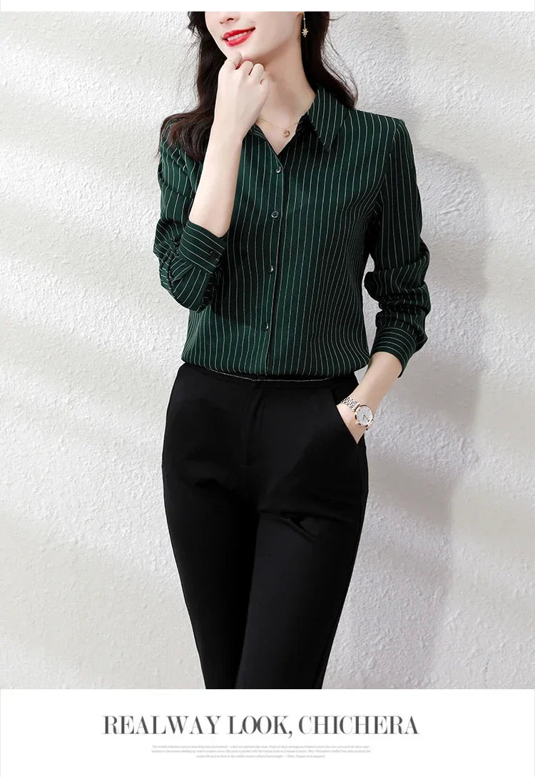 Striped Long Sleeve Women Shirt Button Up Blouse Lightweight Chiffon Tops Elegant Casual Office Wear
