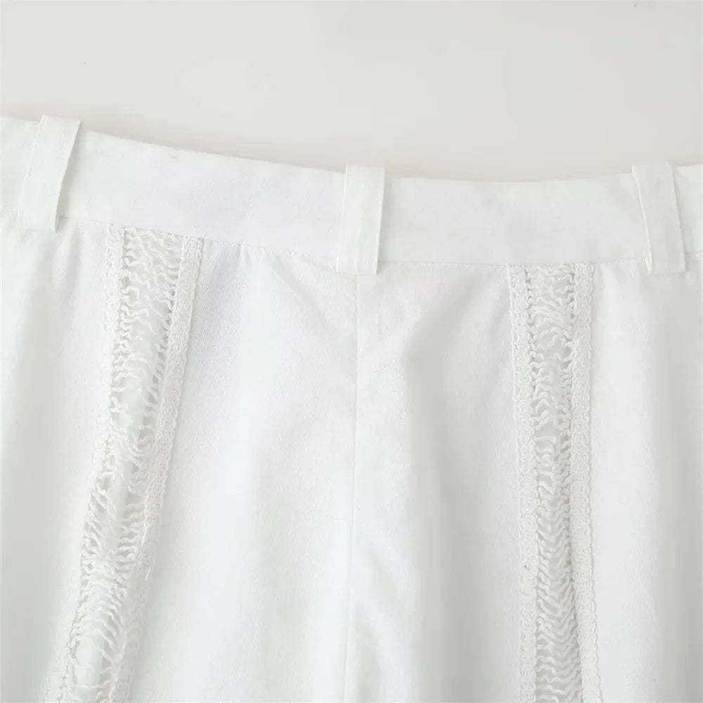 Versatile Women's Crochet Long Sleeve Lapel Shirt and Straight Leg Casual Pants Fashion Set