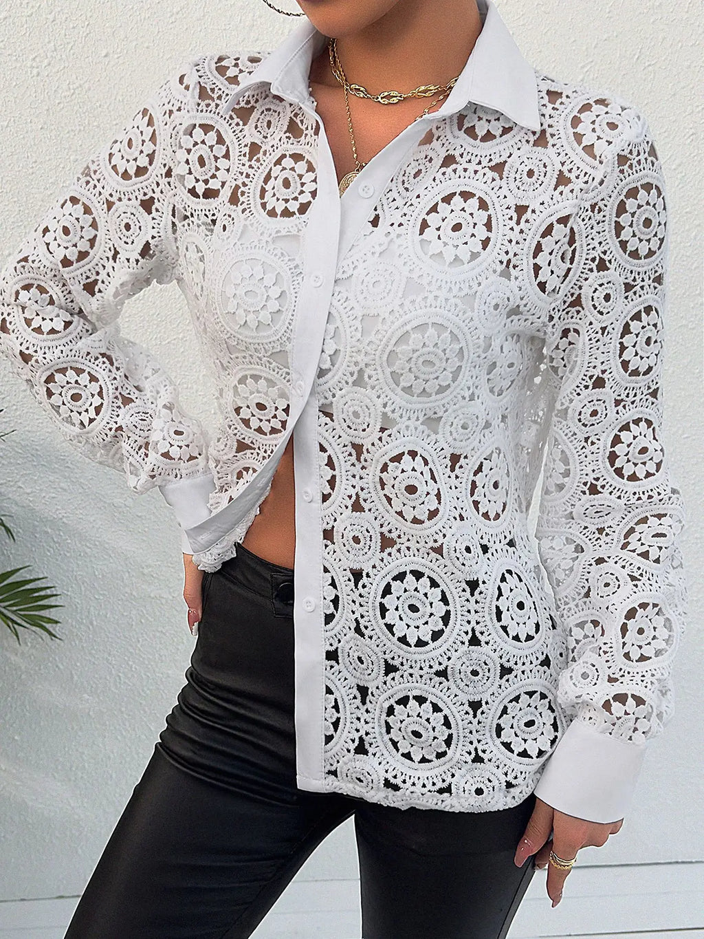 Women's Paisley Lace Button Front Blouse Hollow Out Long Sleeve Lightweight Top for Spring and Summer