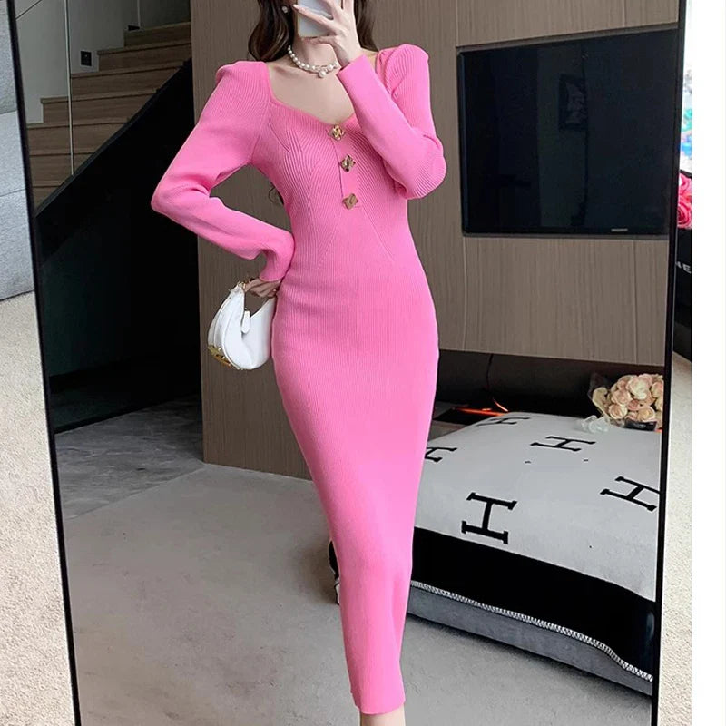 Elegant V Neck Knitted Bodycon Wrap Dress For Women Midi