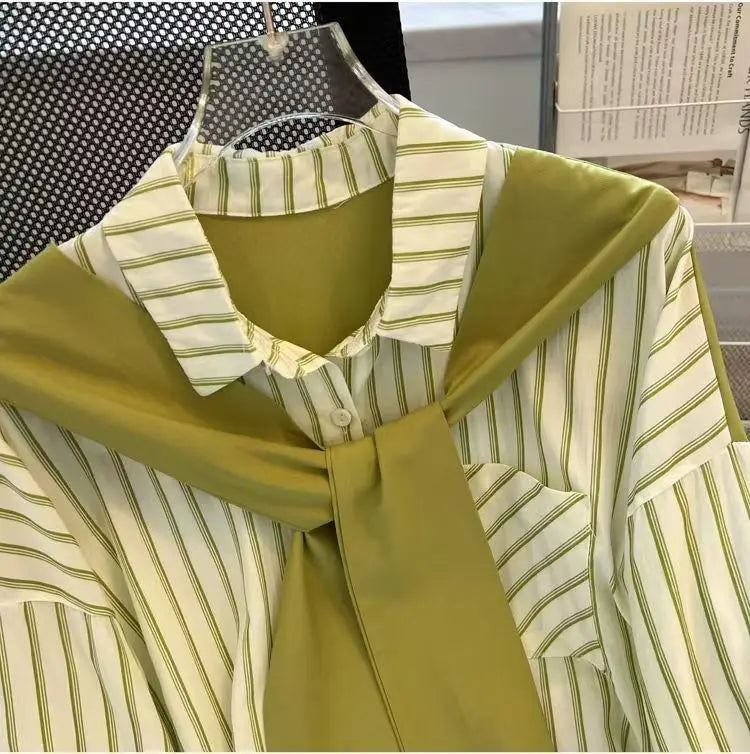 Chic Casual Fake Two Piece Long Sleeve Stripe Shirt for Women Stylish Matching Blouse Top
