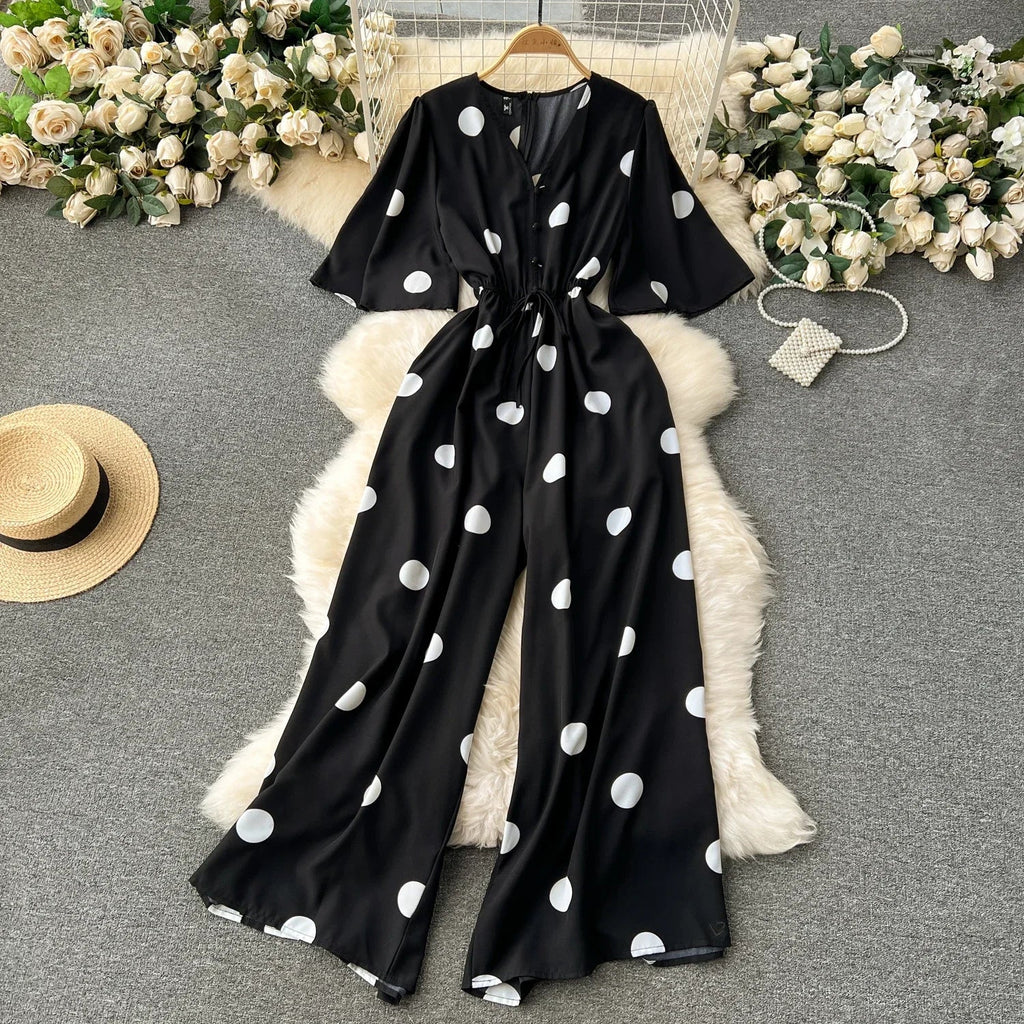 Women Wide Leg Polka Dot Jumpsuit with V Neck Dolman Sleeves and Slim Waist Design