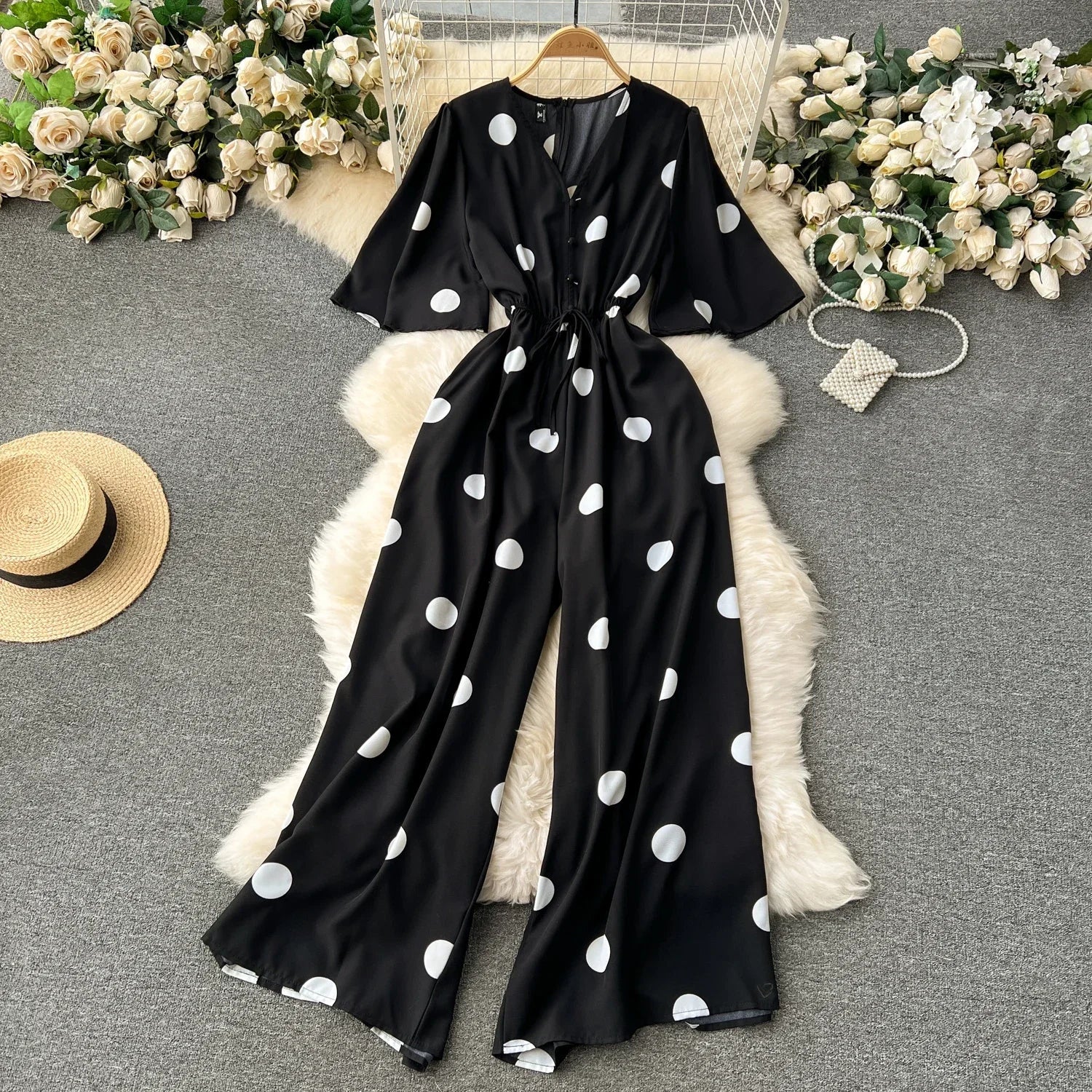 Women Wide Leg Polka Dot Jumpsuit with V Neck Dolman Sleeves and Slim Waist Design