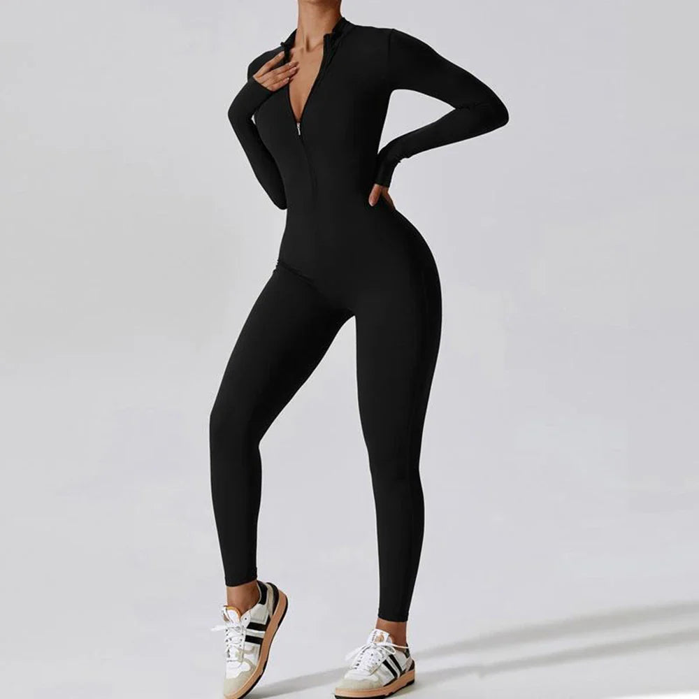 Womens Long Sleeve Slim Fit Yoga Jumpsuit Stretch One Piece Romper with Front Zipper Sexy Fitness Activewear Sportwear