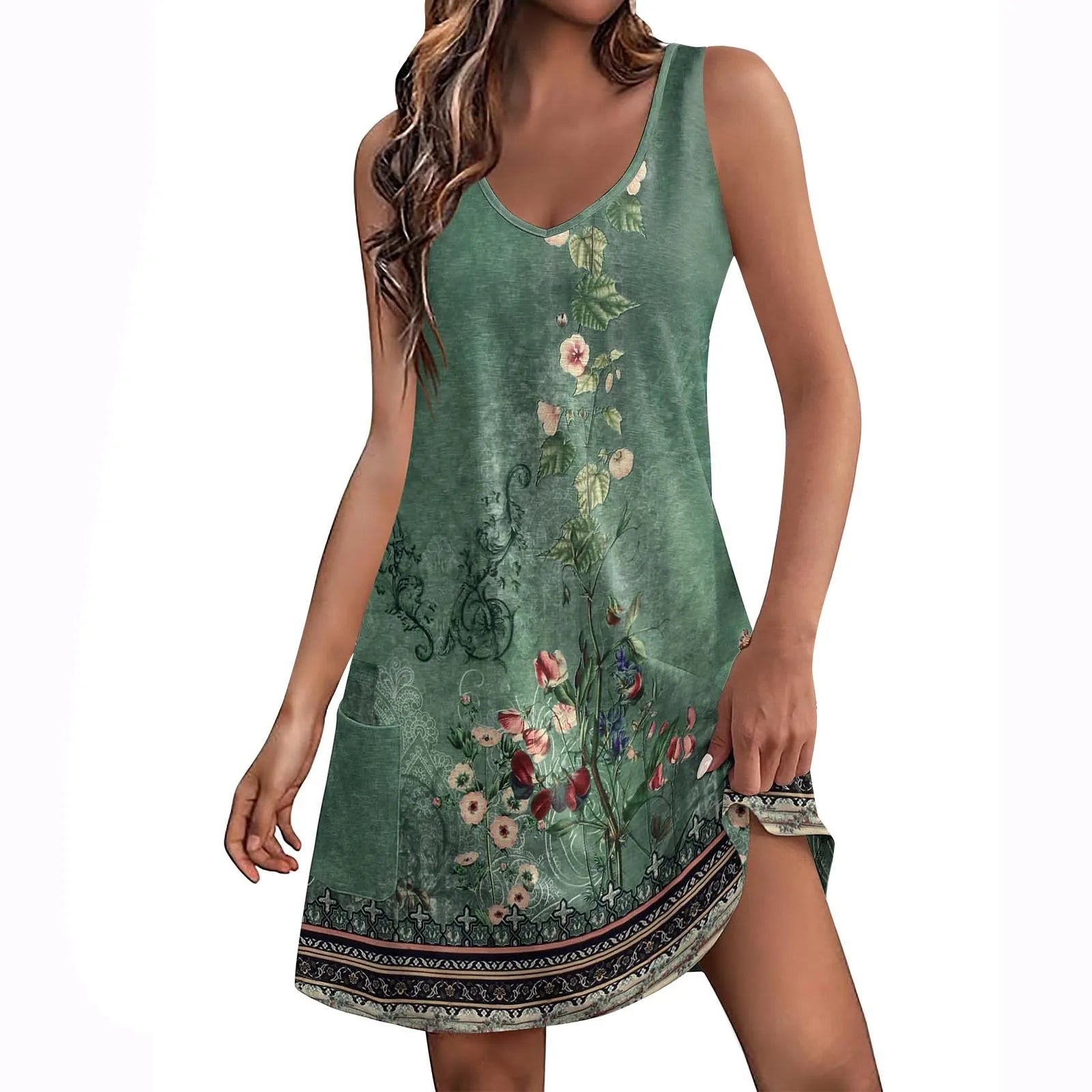 Boho Floral Knee Length Sundress With Pockets Loose