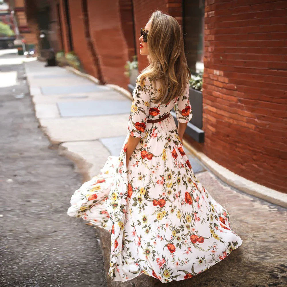 Floral Print A Line Maxi Dress With Elegant High Waist