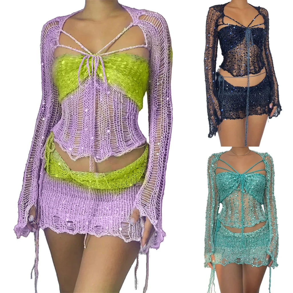 Sequin Crochet Three Piece Dress Set For Women Y2K Style