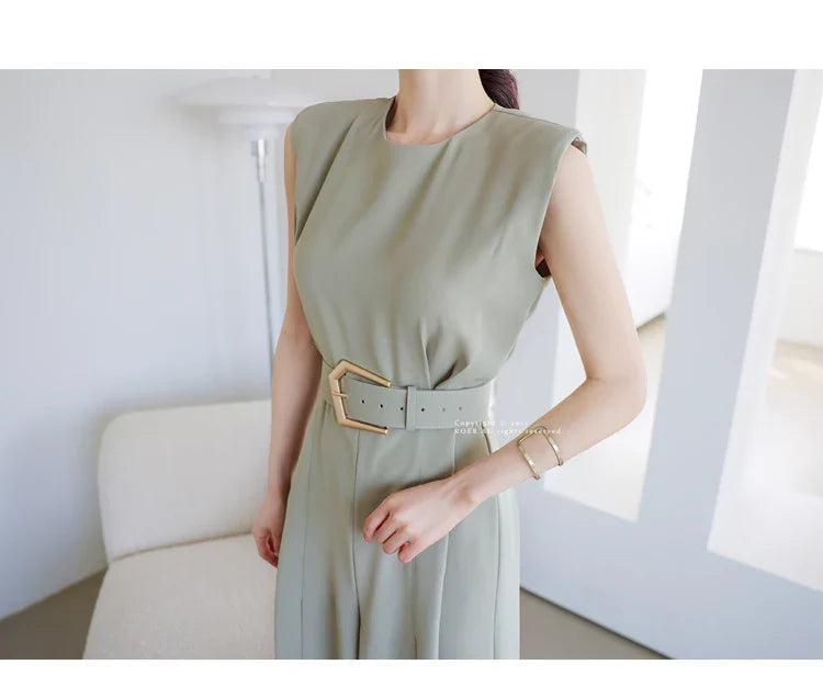 Elegant Women's Business Jumpsuit O-Neck Wide Leg Split Trousers Long Casual Workwear Romper