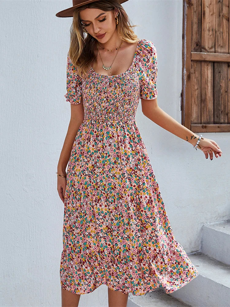 Boho Floral Sundress For Women Vintage Beach Bohemian Dress