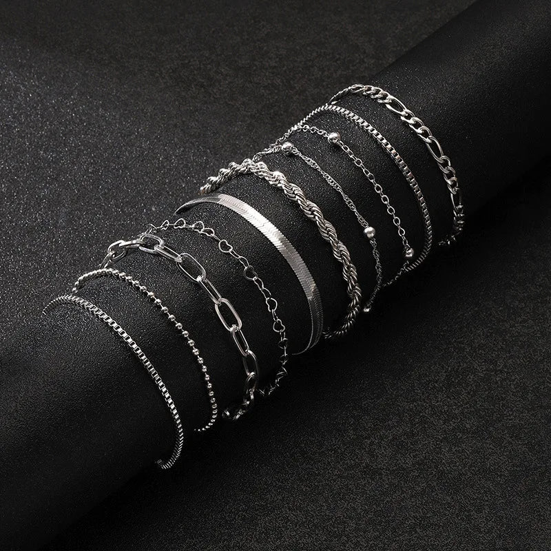 10 Pcs Vintage Gold Color Snake Chain Bracelet Set for Women Boho Multi-Layer Summer Jewelry