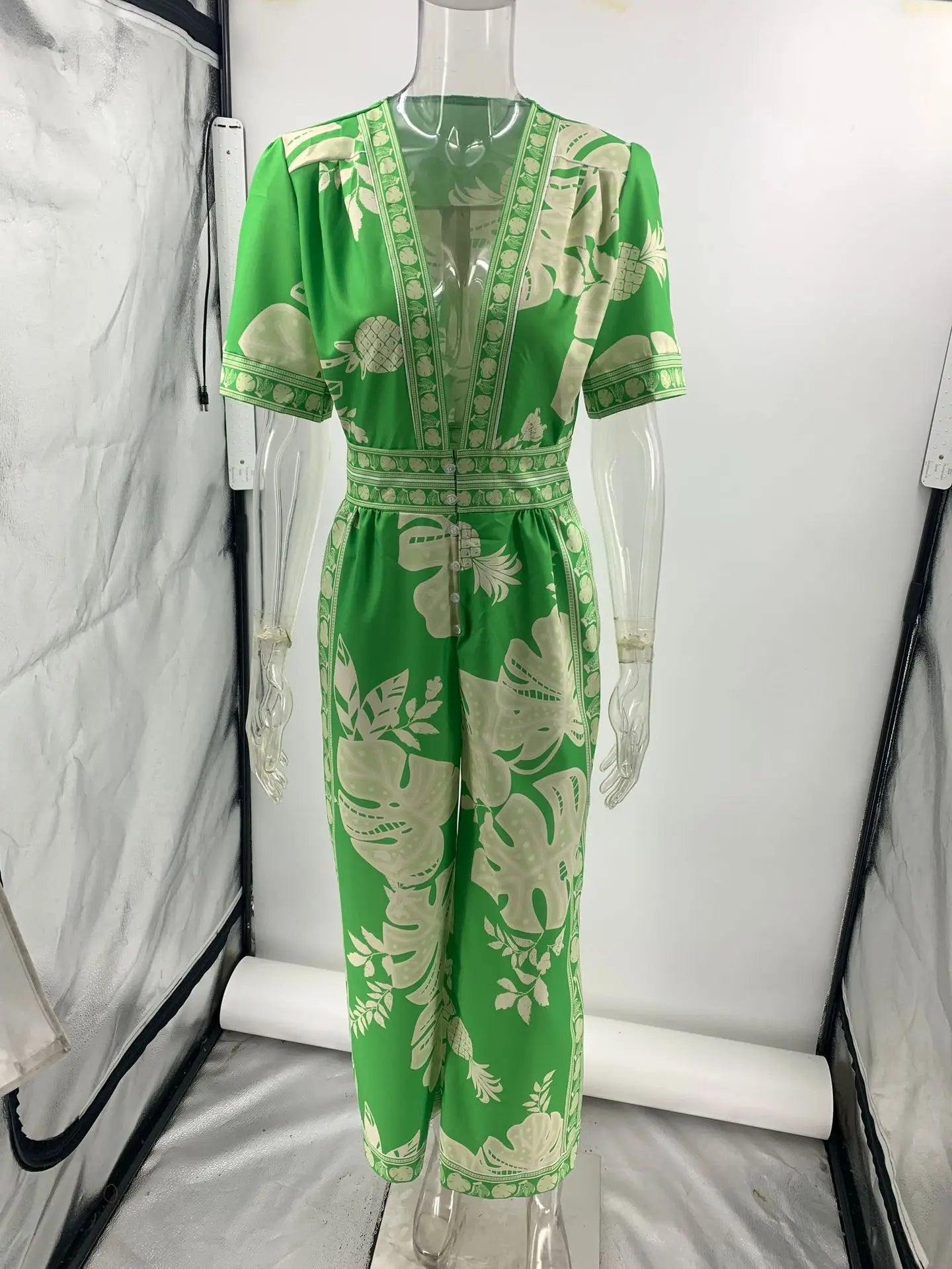 Women Vintage Printed Jumpsuit Elegant V Neck Short Sleeve Wide Leg High Waisted Casual Playsuit Perfect for Vacation and Everyday Wear