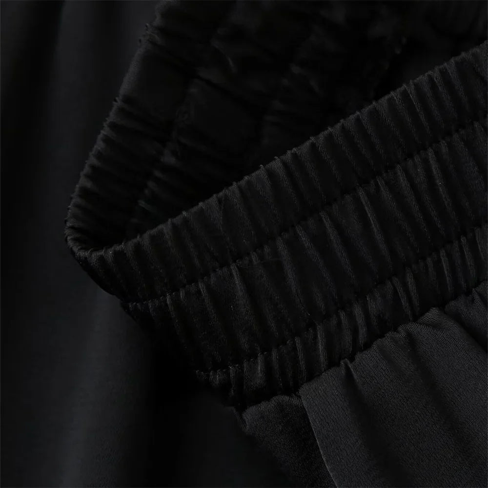 Women's Satin Texture Sequin Embroidered Shirt and High Waist Long Pants Set