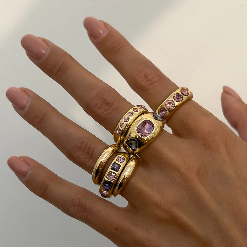Adjustable Purple Zircon Inlaid Gold Color Ring Set for Women - 6 Piece Fashion Jewelry Collection