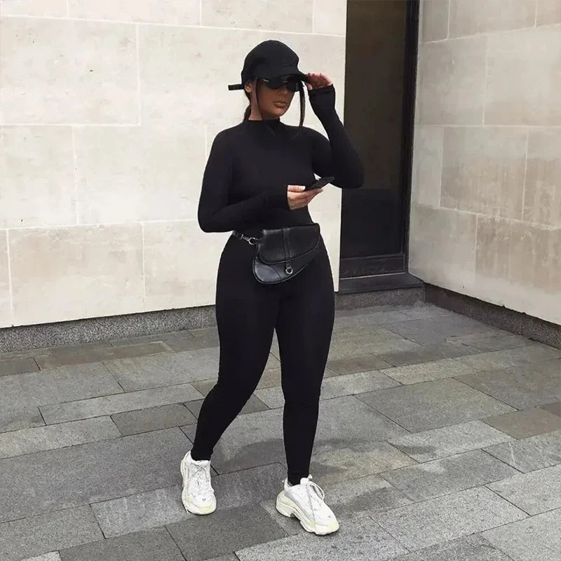 Sexy Black Long Sleeve Bodycon Jumpsuit for Women Slim Fit Casual Sports Romper Streetwear Skinny Fashion Overall
