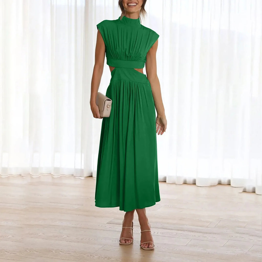 Solid Color High Waist Maxi Dress Sleeveless With Pockets