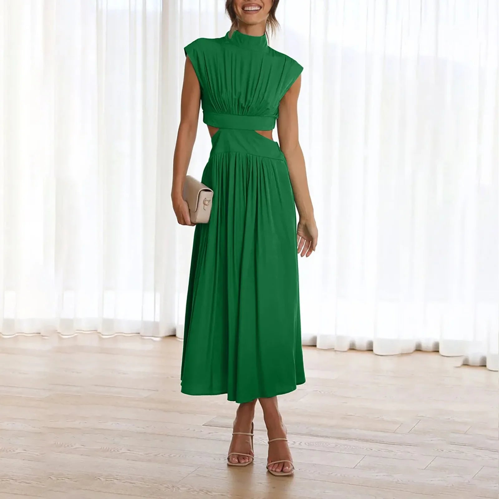 Solid Color High Waist Maxi Dress Sleeveless With Pockets