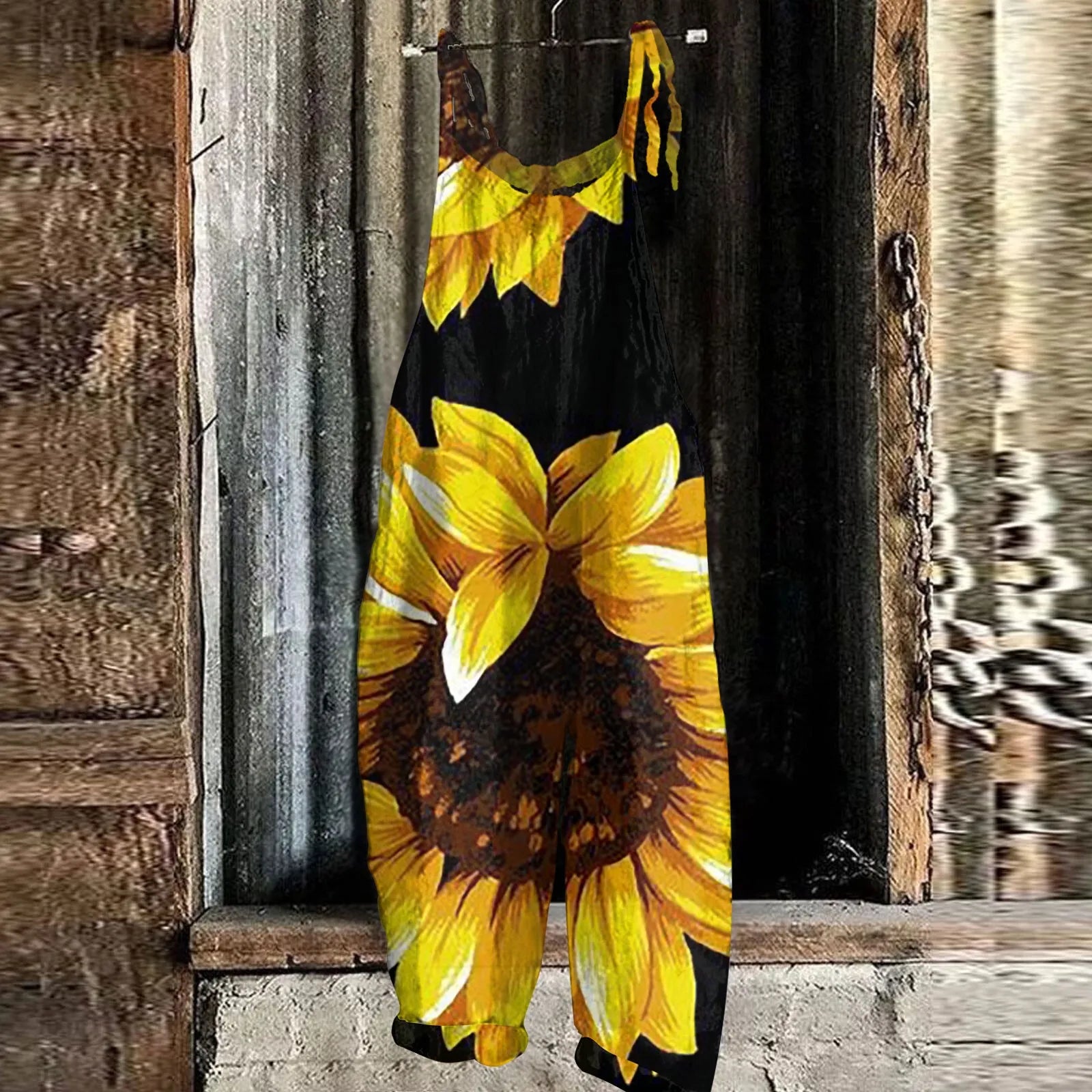 Sunflower Print Overalls for Women Casual Jumpsuit