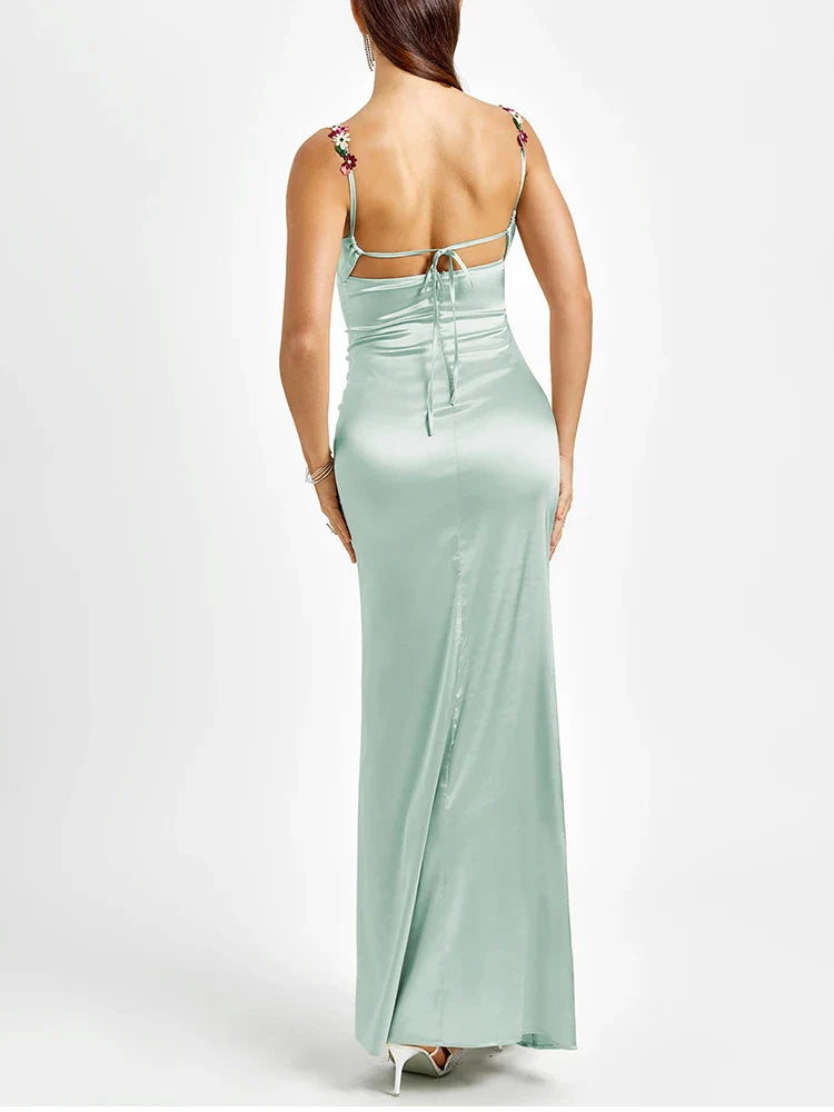 Floral Satin Maxi Dress Backless Tie Up Party Gown