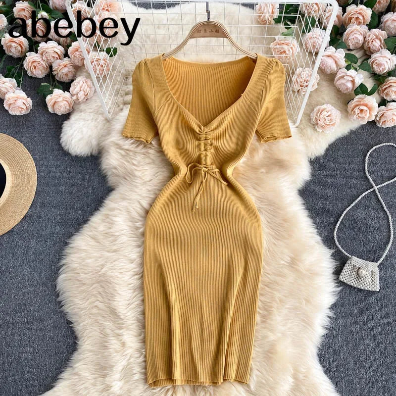 Korean Knit Bodycon Dress V Neck Drawstring Short Sleeves