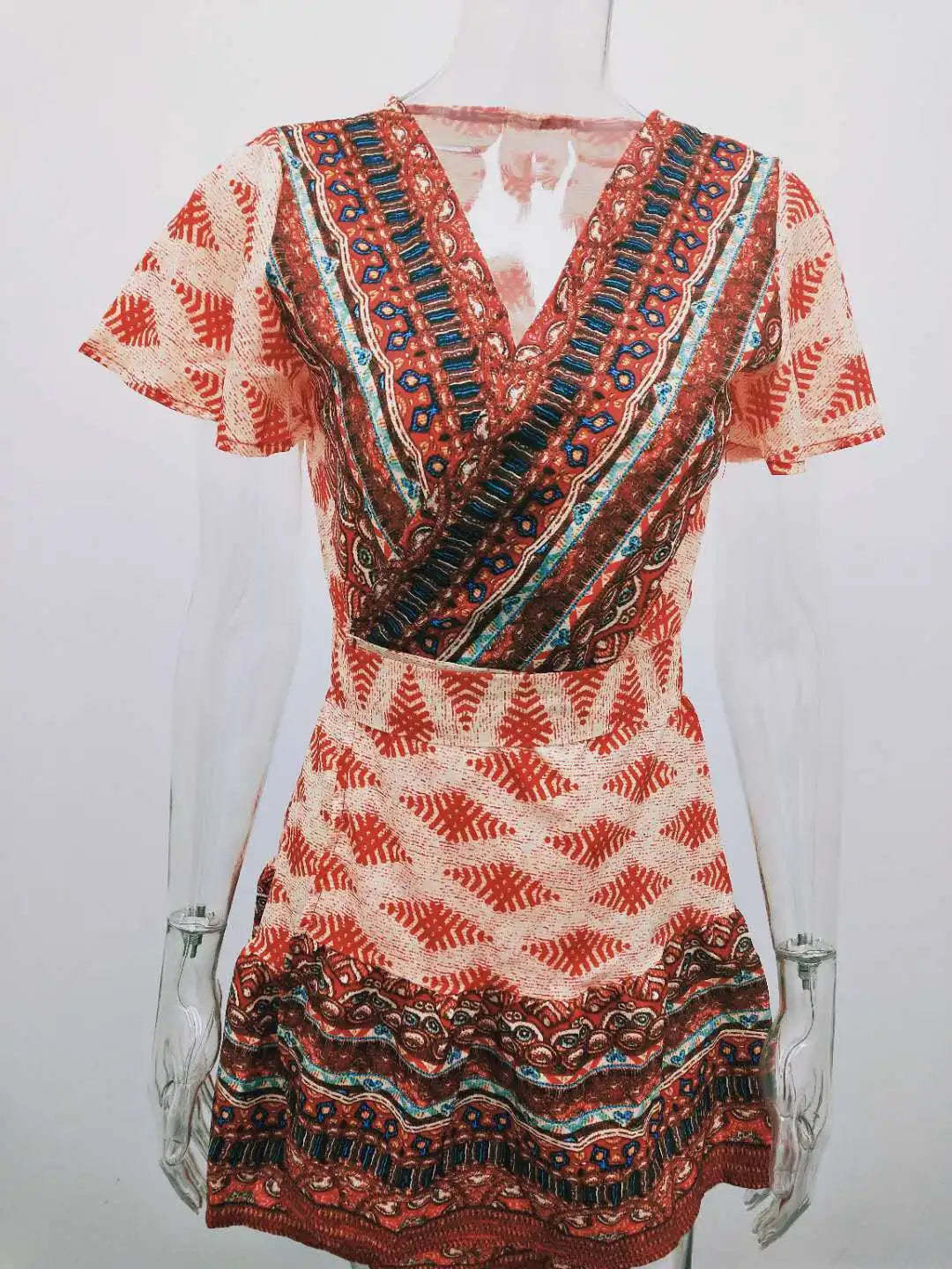 Bohemian Printed Dress With V Neck Lace Up Short Skirt
