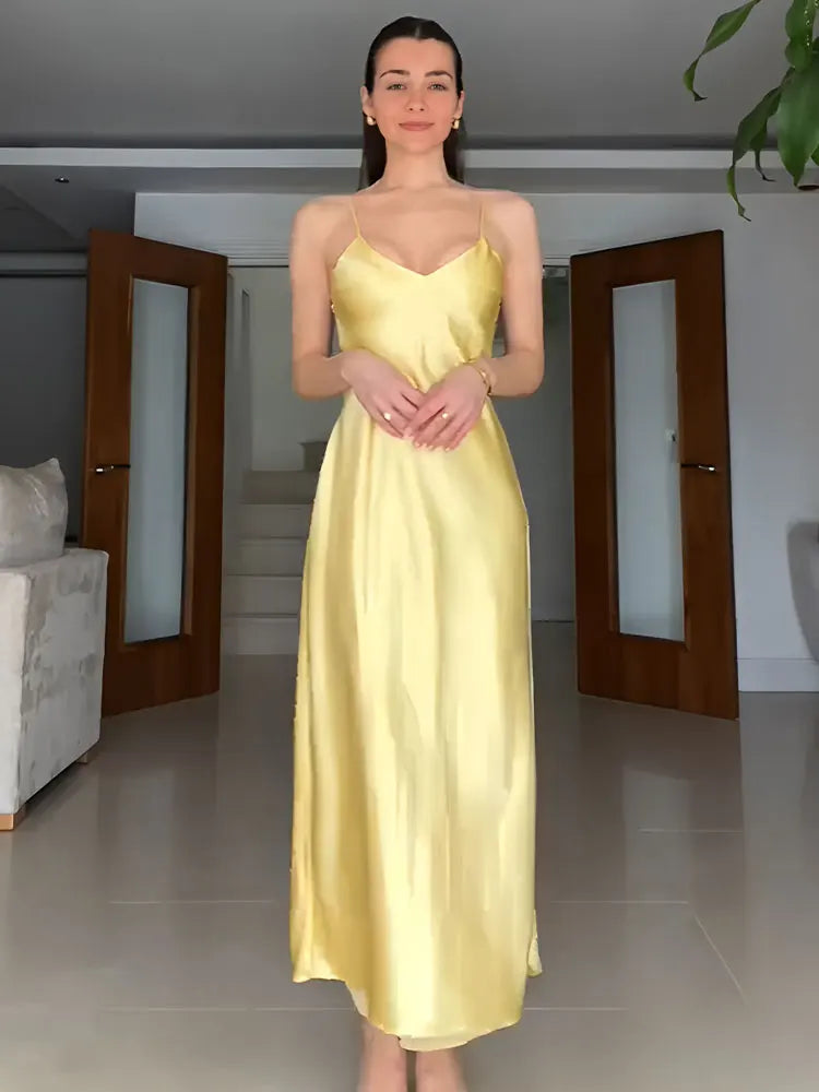 Yellow Satin Dress V Neck Backless For Women Party Evening